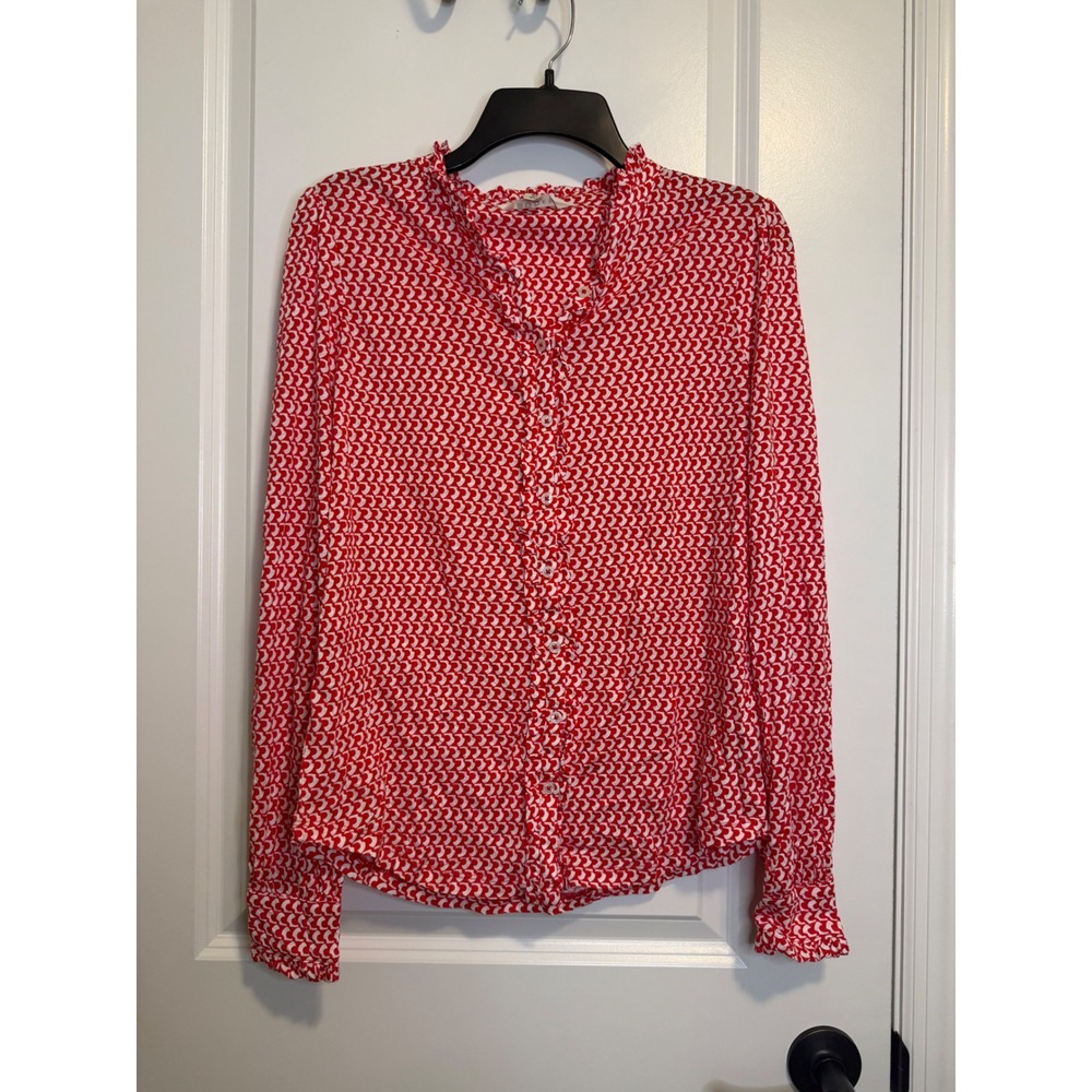 Boden Blouse Women 8 Red White Excellent Ruffle Geometric Long Sleeve Preppy